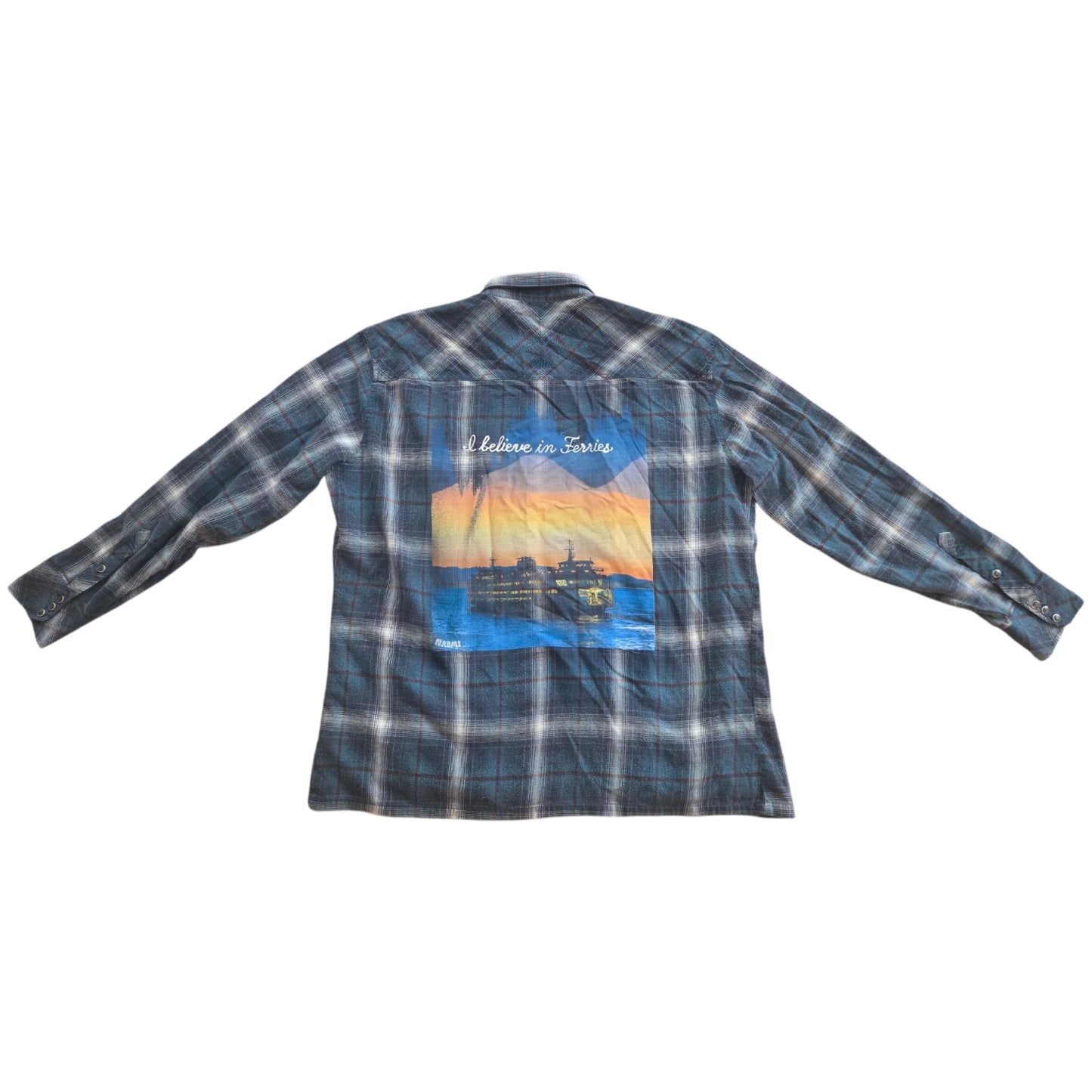 I Believe in Ferries Teal Plaid Pearl Snap Button Down - Size XXL