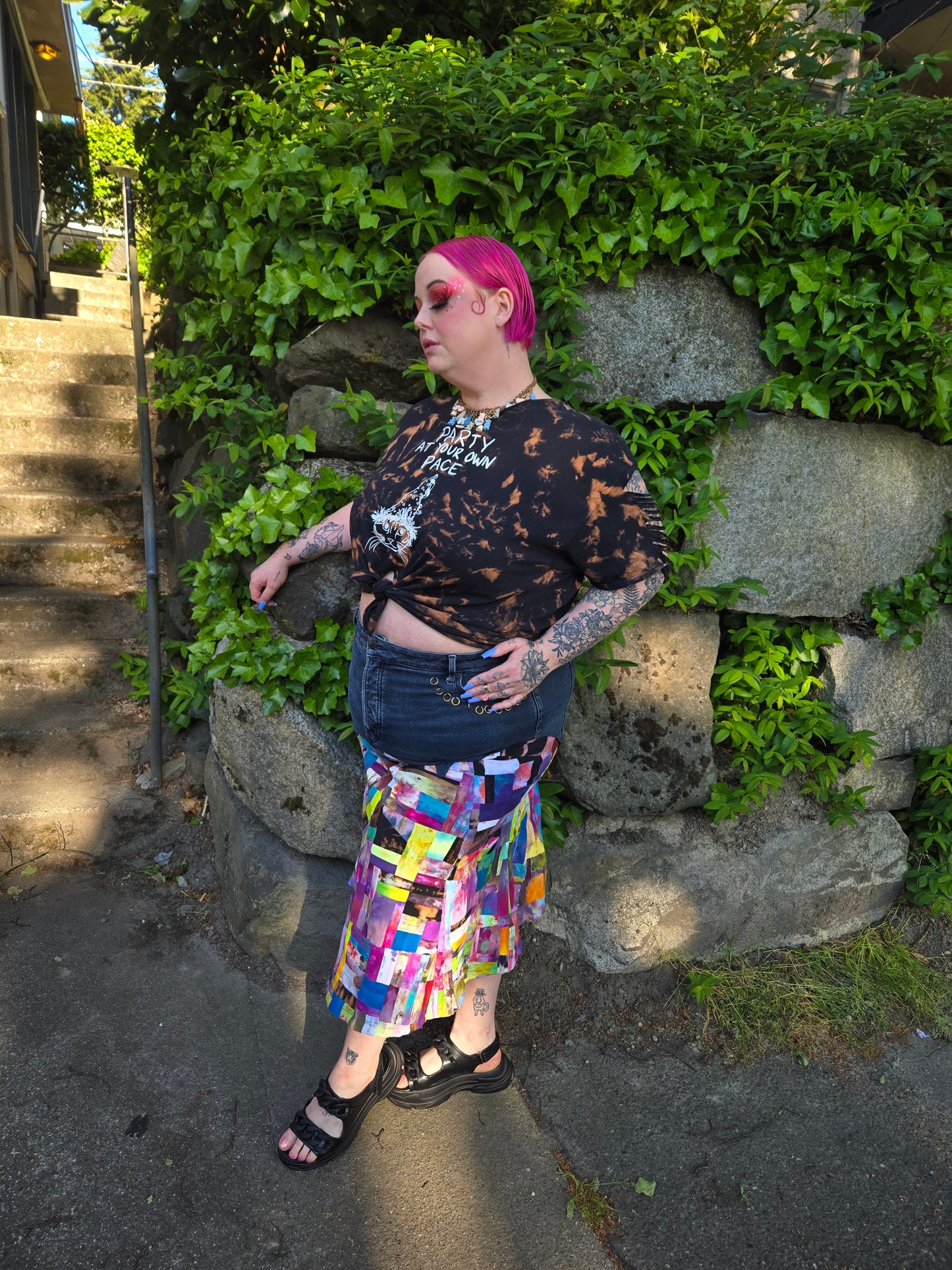 Ice Dyed Patchwork Skirt by Batch Life - Size 2X