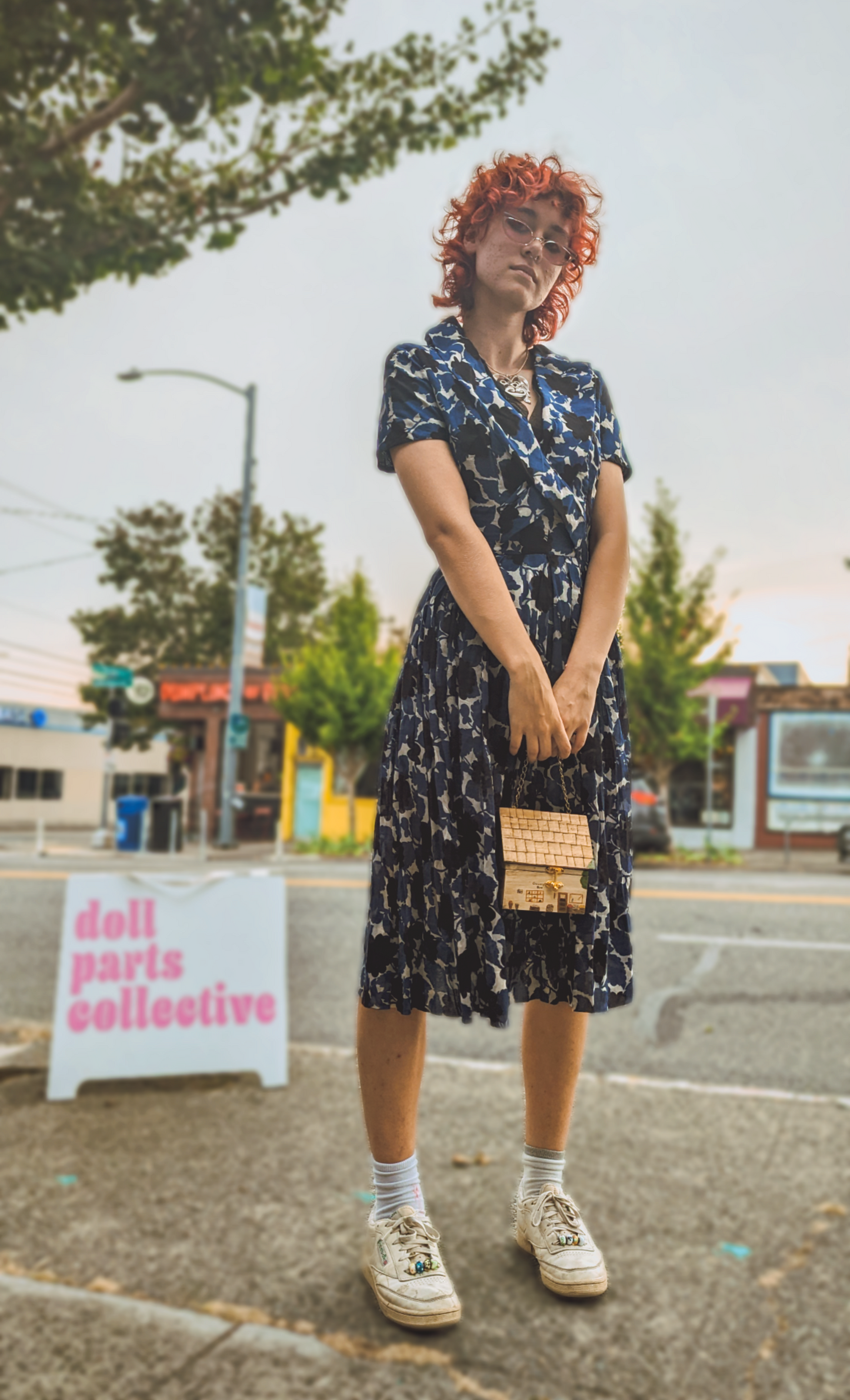 1950s Black & Blue Floral Dress by Lorch