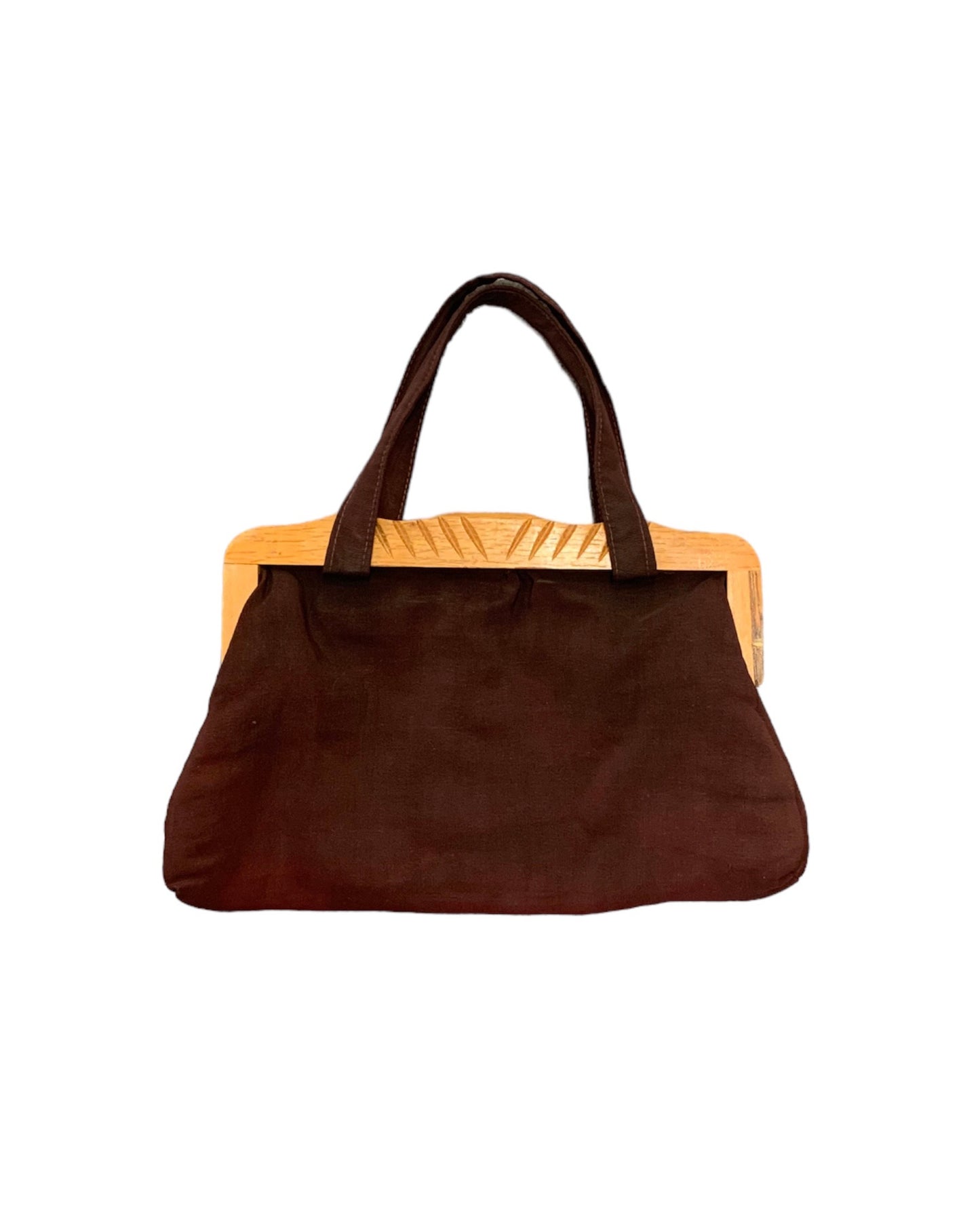 1940s Carved Wooden Detail Brown Purse