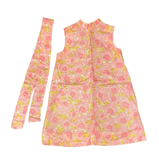 1960s Pink Floral Trapeze Dress with Belt