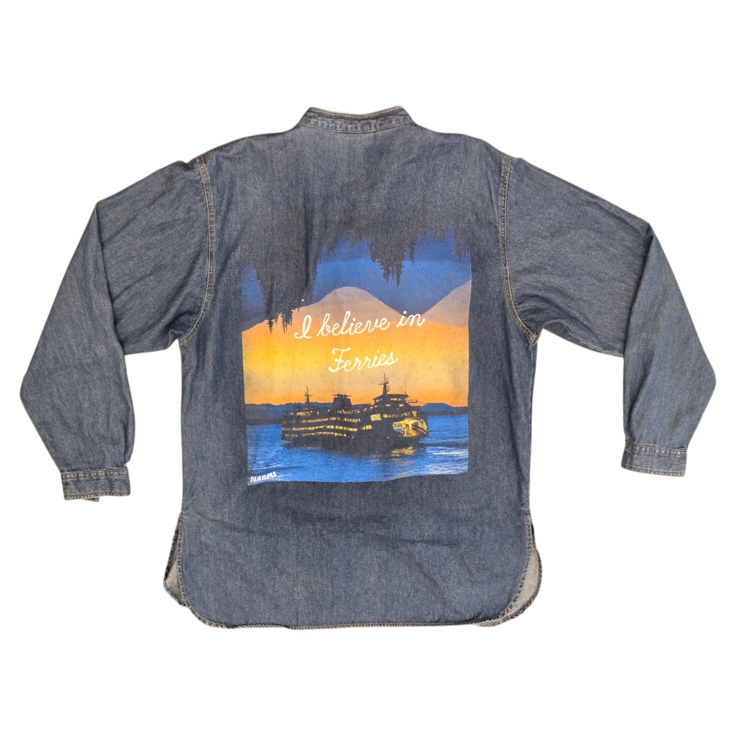 I Believe in Ferries Rhinestoned Denim Button Down - Size Small-Med
