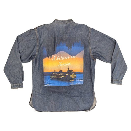I Believe in Ferries Rhinestoned Denim Button Down - Size Small-Med
