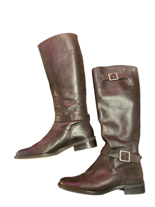 Dark Brown Knee High Leather Buckle Boots