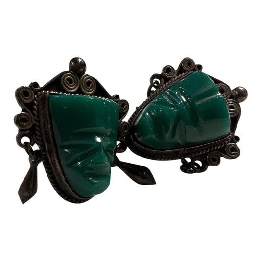 Sterling Silver Carved Jade Mask Earrings