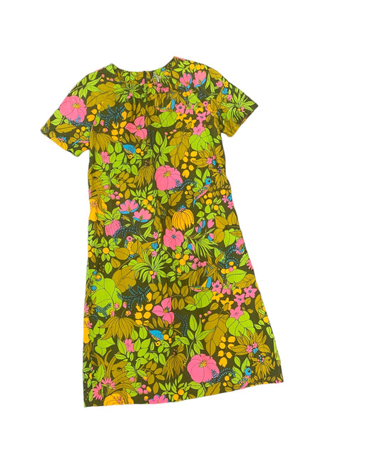 Neon 60s Bird Print Dress