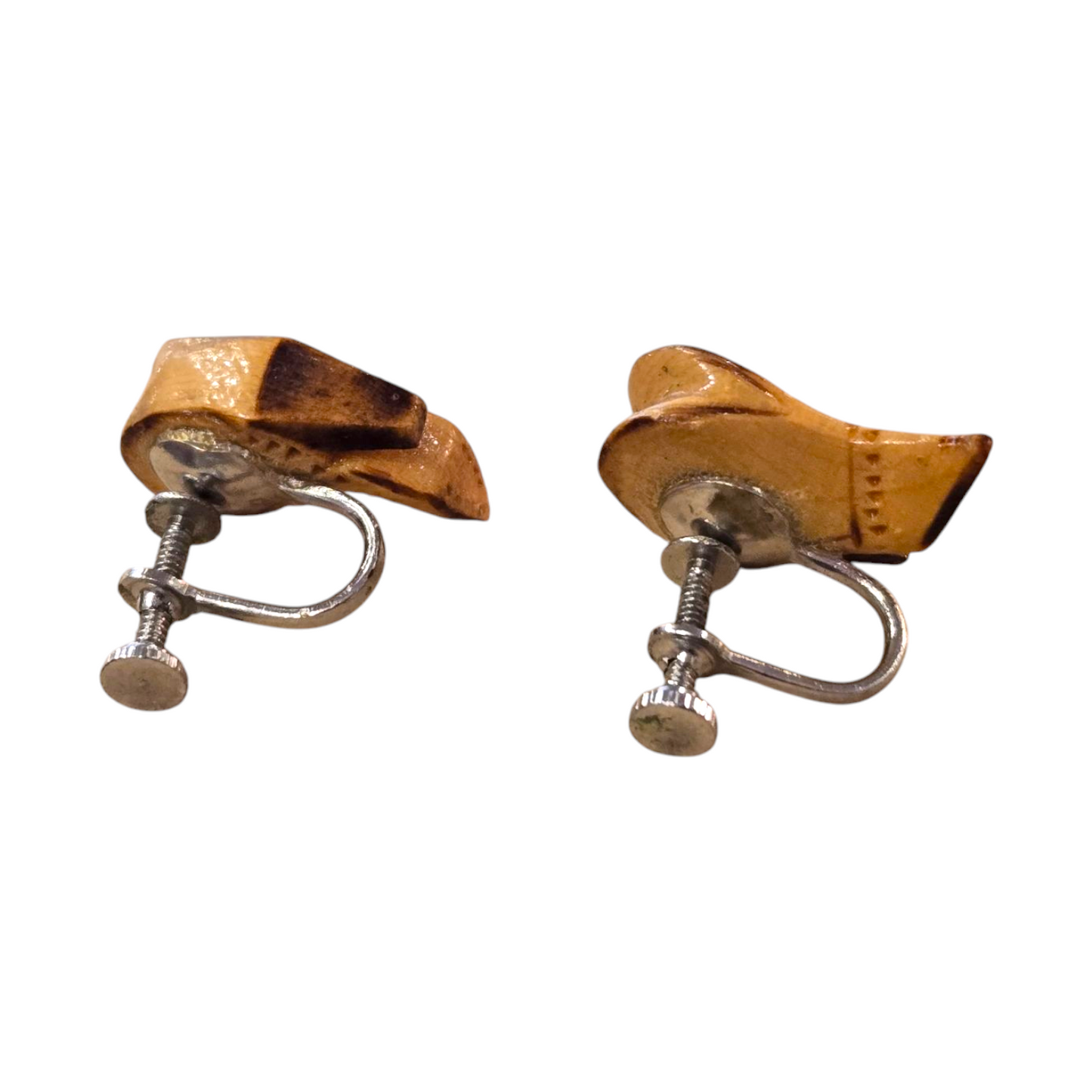 1950's Tiny Carved Cowboy Boot Screwback Earrings