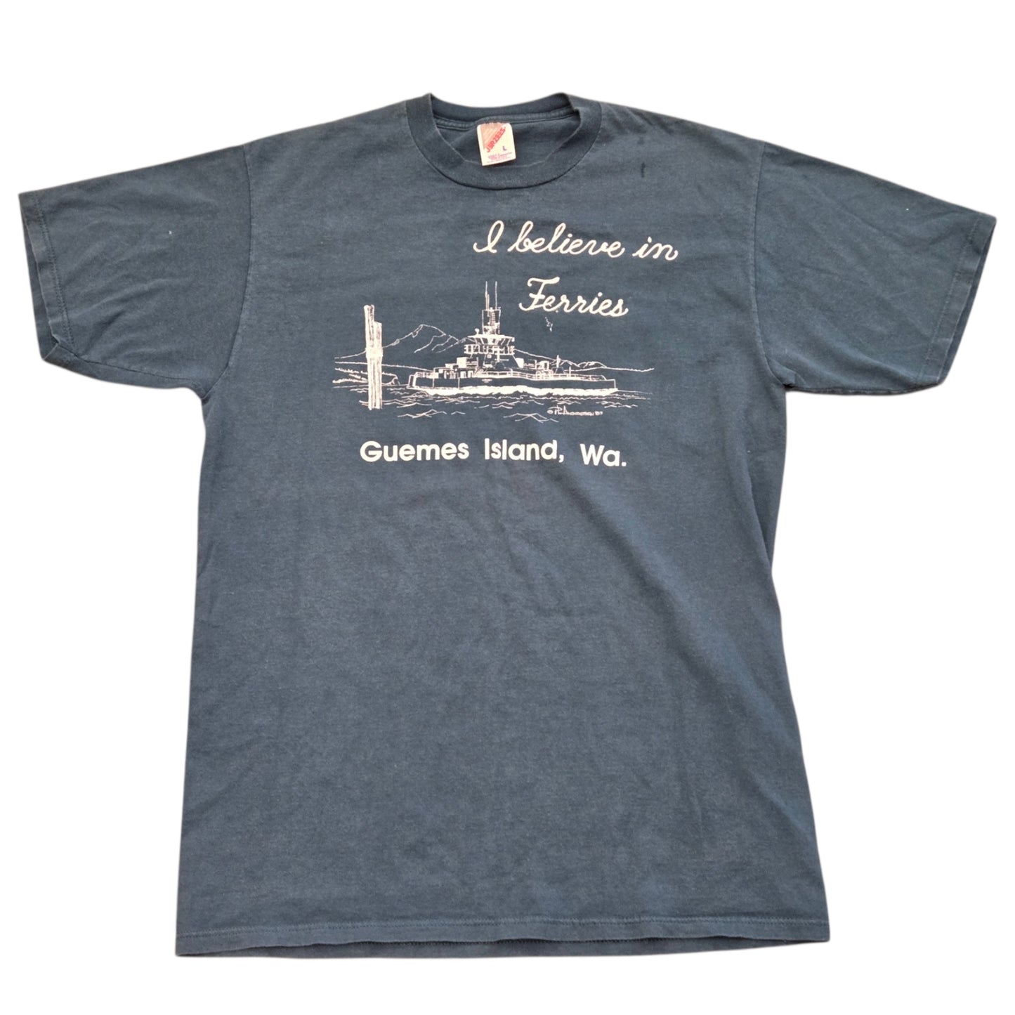 I Believe in Ferries Teal Guemes Island Tee - Size Large