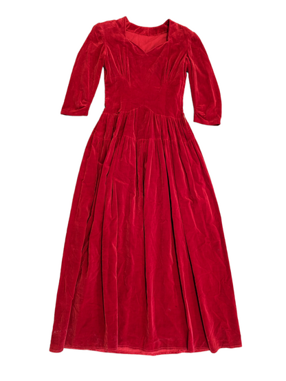 1940s Cherry Red Velvet Maxi Dress