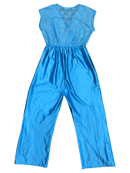 80's Aqua Satin & Lace Jumpsuit by Roberta