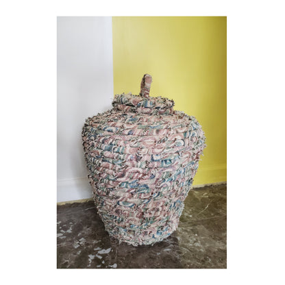 90's Handmade Coiled Fabric Basket with Lid