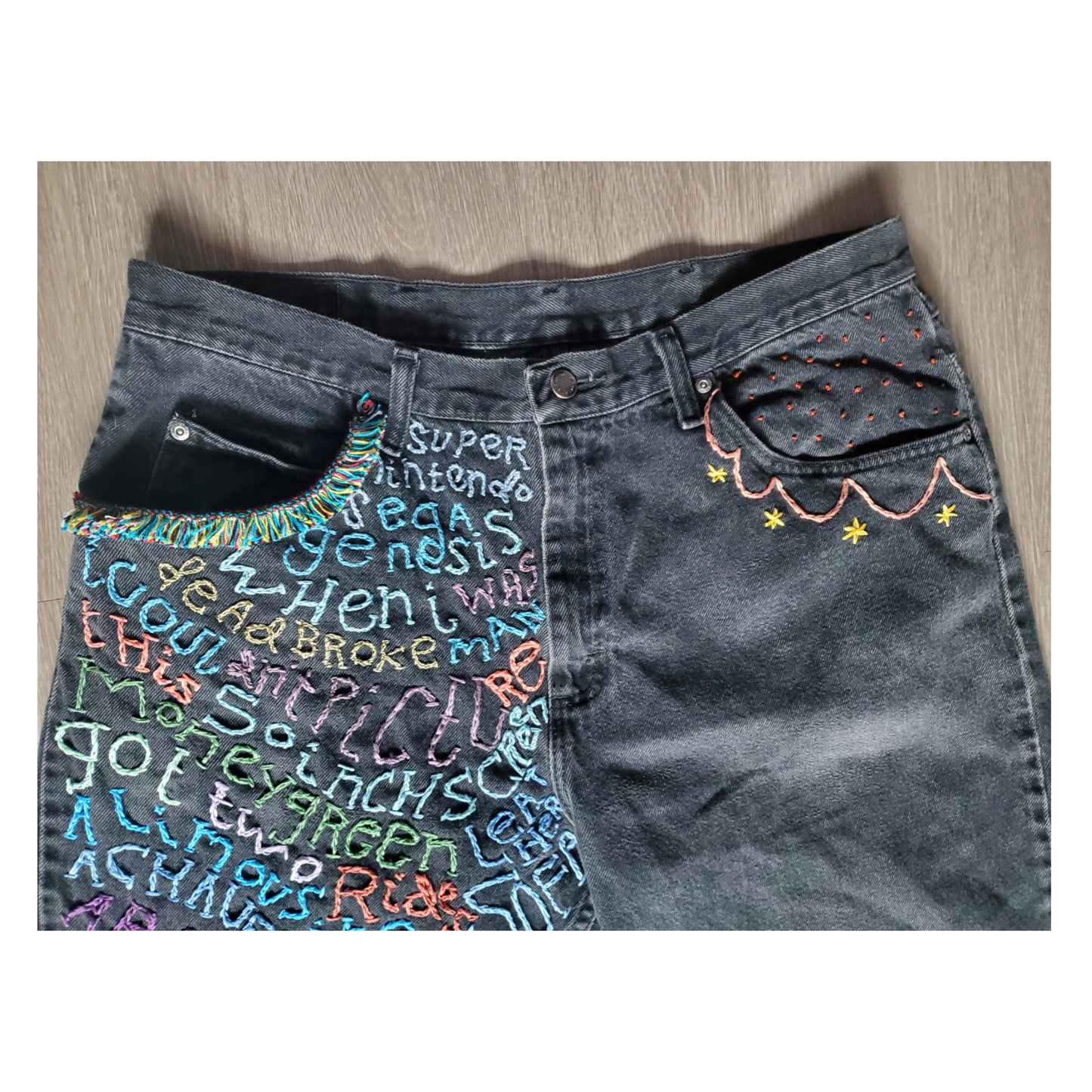 Hand Embroidered Artwear Jeans by Becky Bacsik
